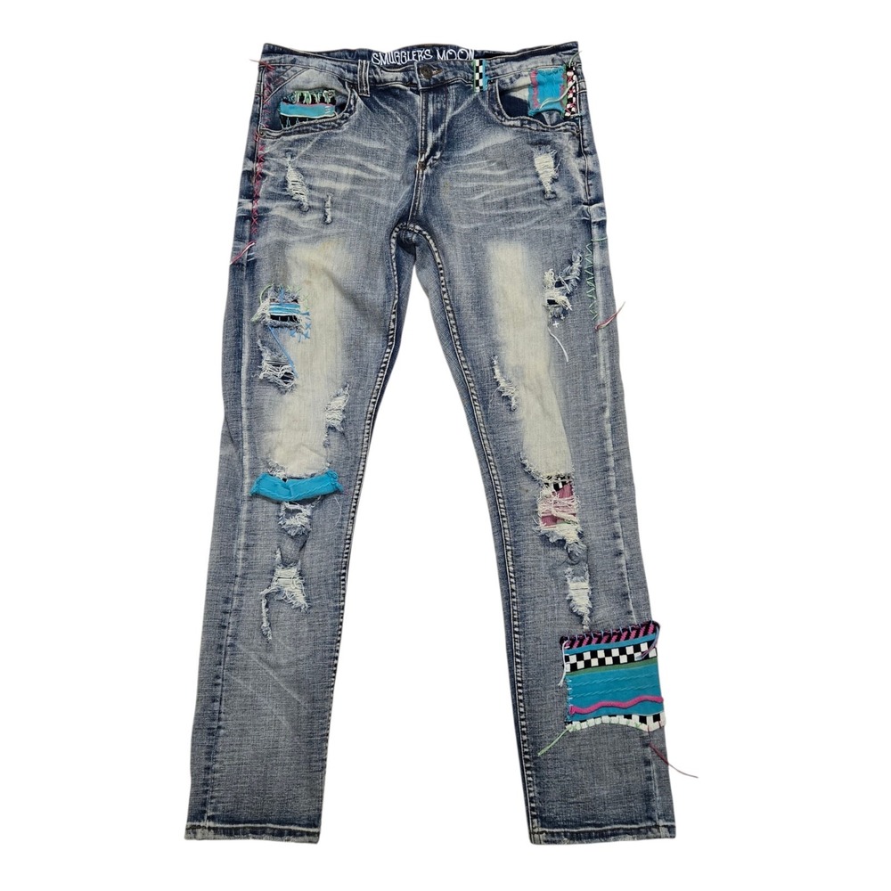 Smuggler's Moon Jeans Men's 38x33 Straight Destroyed Colorful Patchwork Grunge